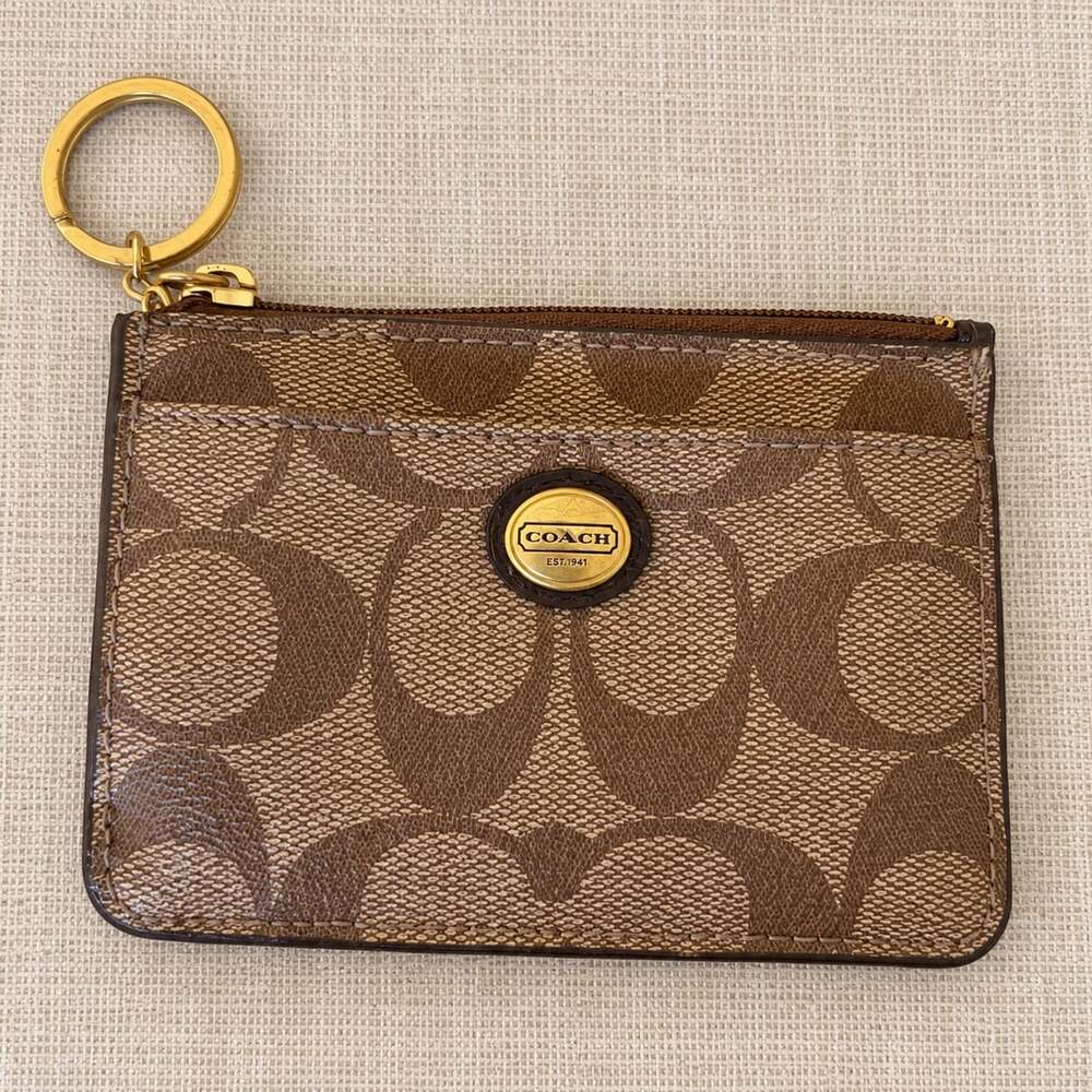 Coach Signature Zip Card Case Brown Tan PVC Leather ID Holder Wallet